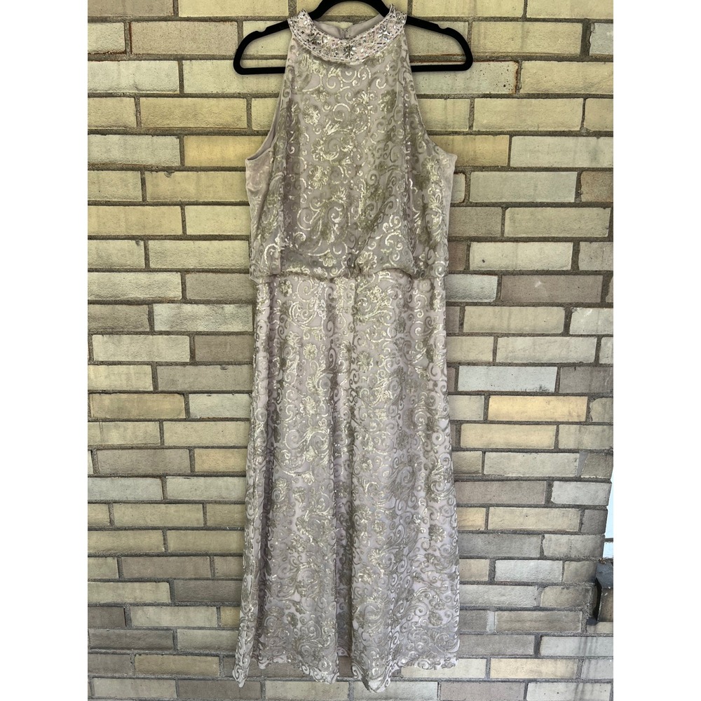Ignite Evenings Gold Sequin Beaded High Neck Gown Dress Size 14 Wedding MOTB Tan